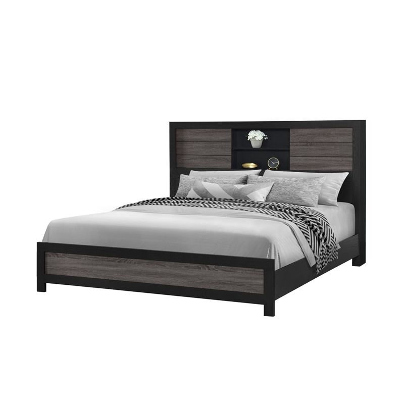 Lisbon Engineered Wood Gray and Black Bookcase Headboard Queen Bed