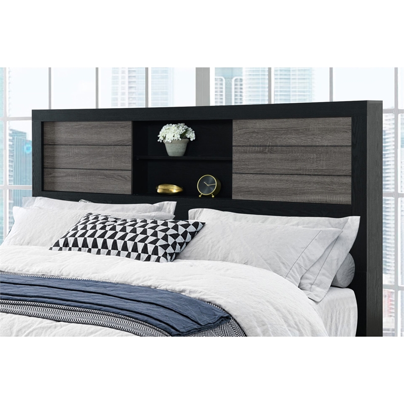 Lisbon Engineered Wood Gray and Black Bookcase Headboard Queen Bed