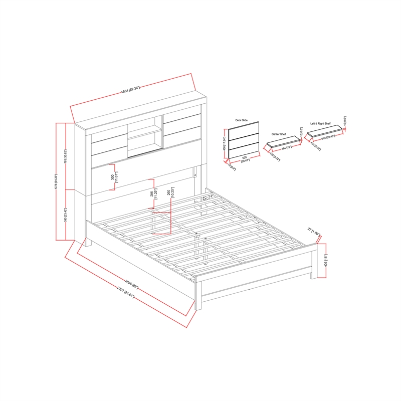 Lisbon Engineered Wood Gray and Black Bookcase Headboard Queen Bed