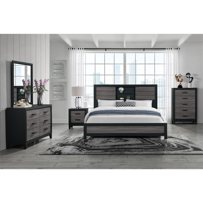 Lisbon Engineered Wood Gray and Black Bookcase Headboard Queen Bed
