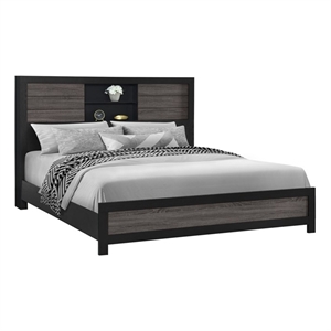 Lisbon Engineered Wood Gray and Black Bookcase Headboard Queen Bed