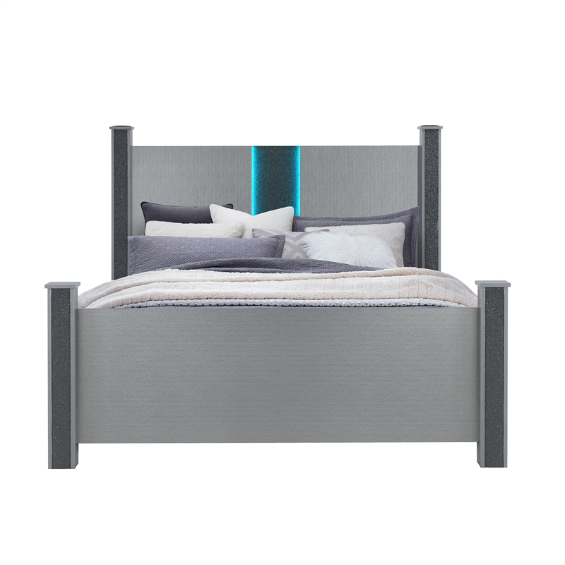 Logan Silver Wood King Bed with LED and Speakers