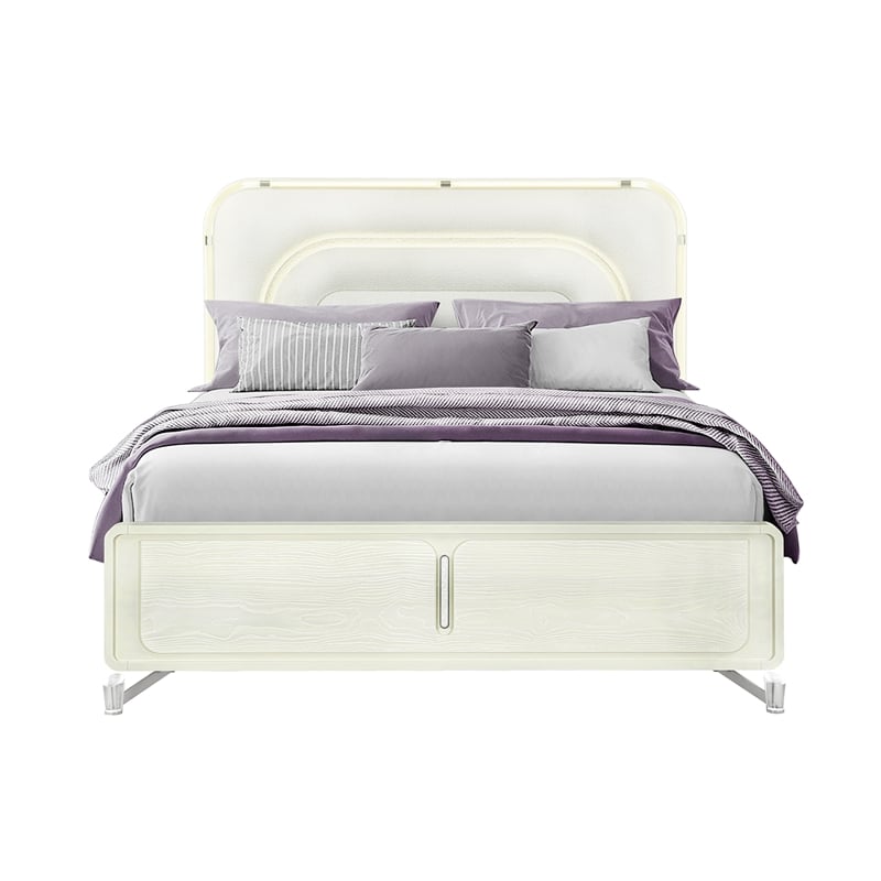 Lyra Beige Wooden Curved Headboard and LED Light King Bed with Acrylic Legs