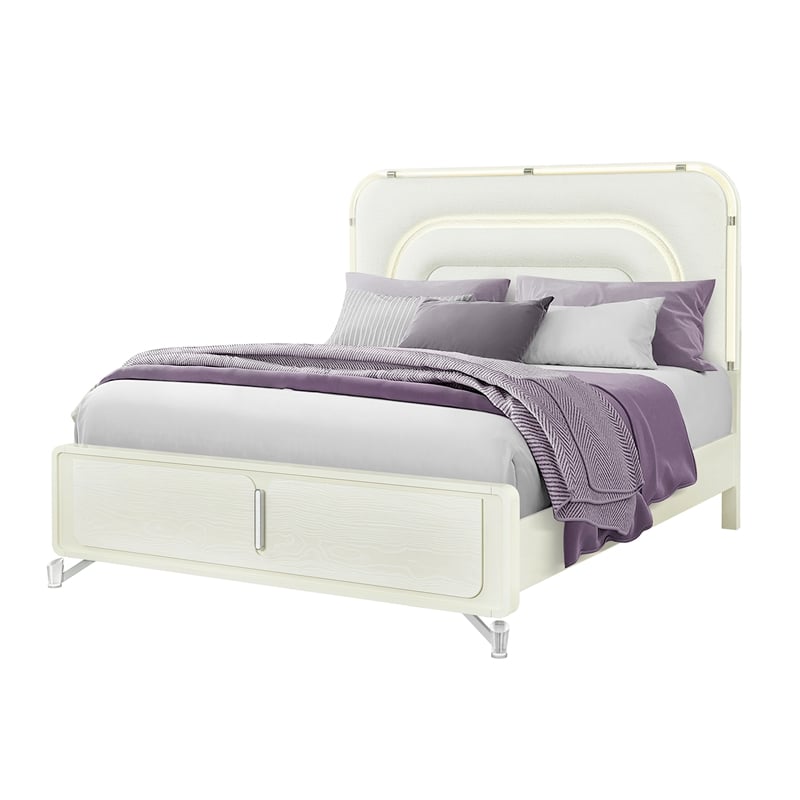 Lyra Beige Wooden Curved Headboard and LED Light King Bed with Acrylic Legs