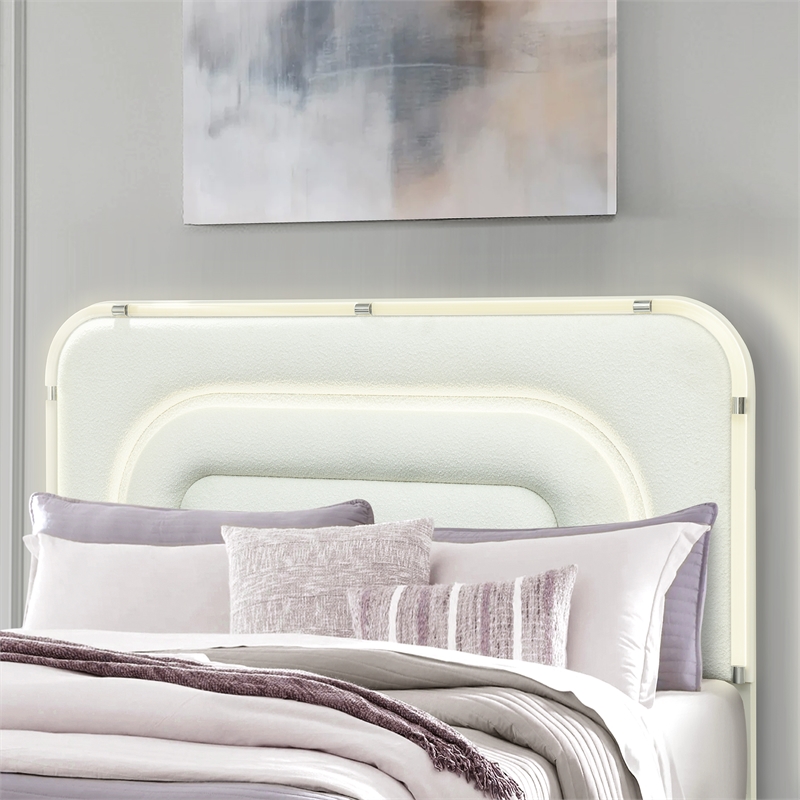 Lyra Beige Wooden Curved Headboard and LED Light King Bed with Acrylic Legs