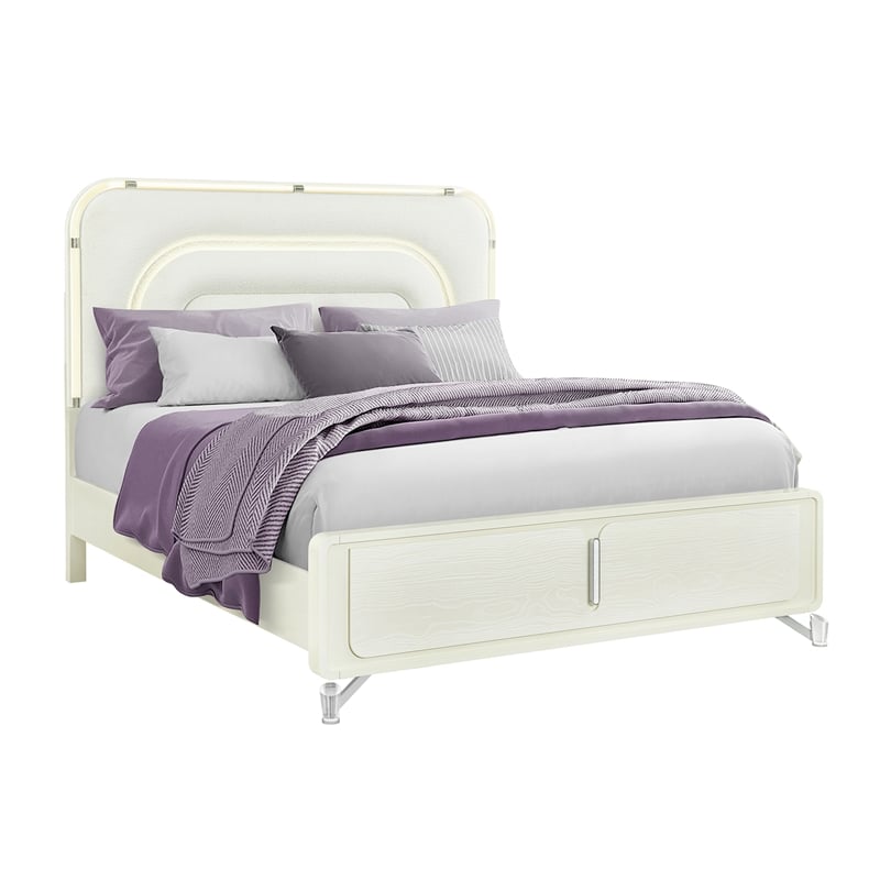 Lyra Beige Wooden Curved Headboard and LED Light King Bed with Acrylic Legs