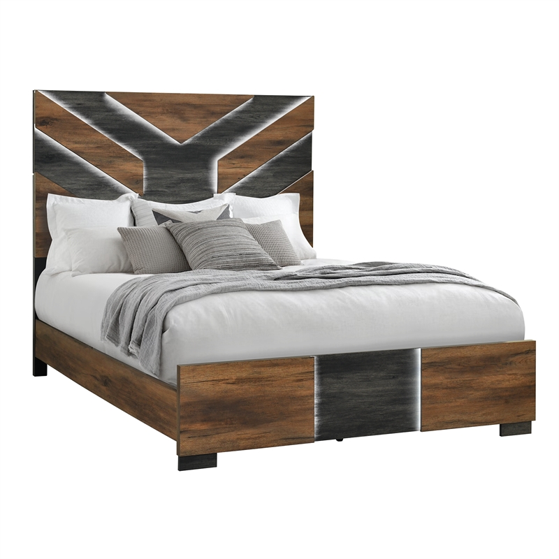 Optimus Brown Engineered Wood 5PC Full Bedroom Set with LED and Accented Panel