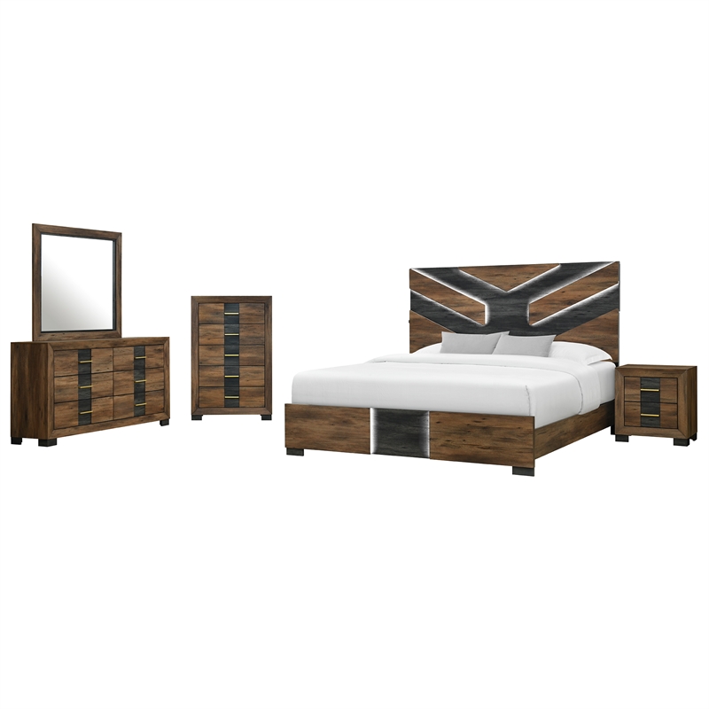 Optimus Brown Engineered Wood 5PC Full Bedroom Set with LED and Accented Panel