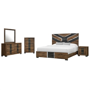 Optimus Brown Engineered Wood 5PC Queen Bedroom Set with Black Accented Panel