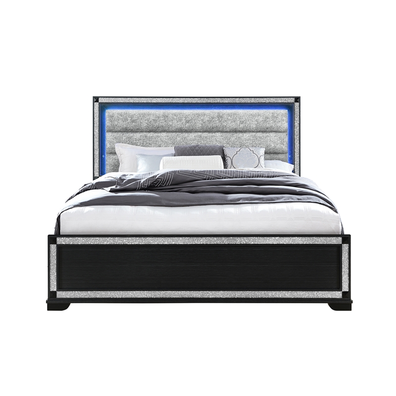 Soleil Charcoal Wood and Upholstered Headboard King Bed with LED Light