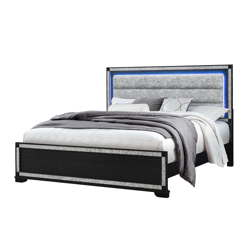 Soleil Charcoal Wood and Upholstered Headboard King Bed with LED Light