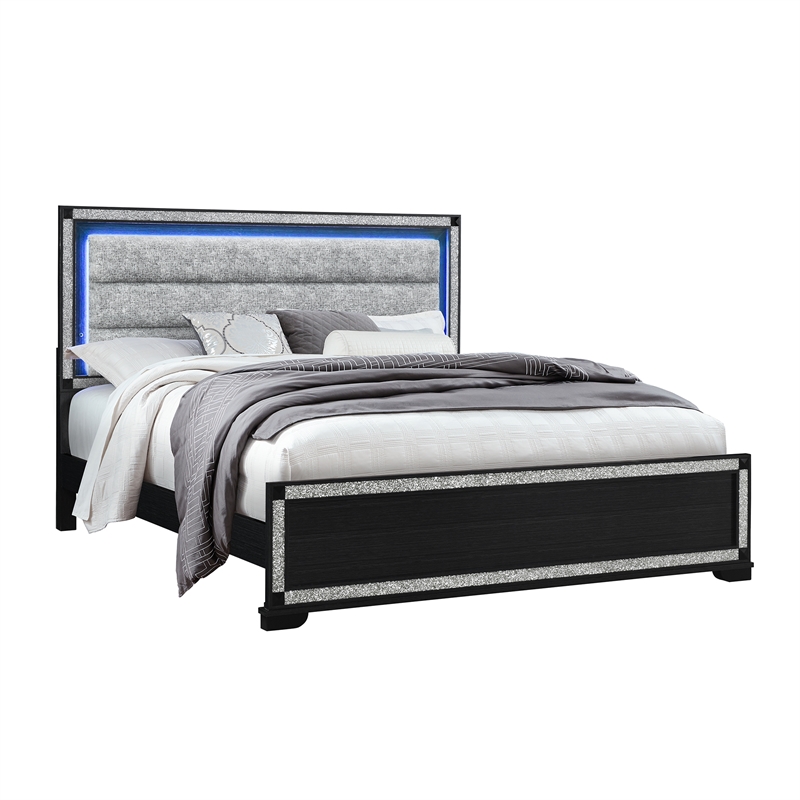 Soleil Charcoal Wood and Upholstered Headboard King Bed with LED Light