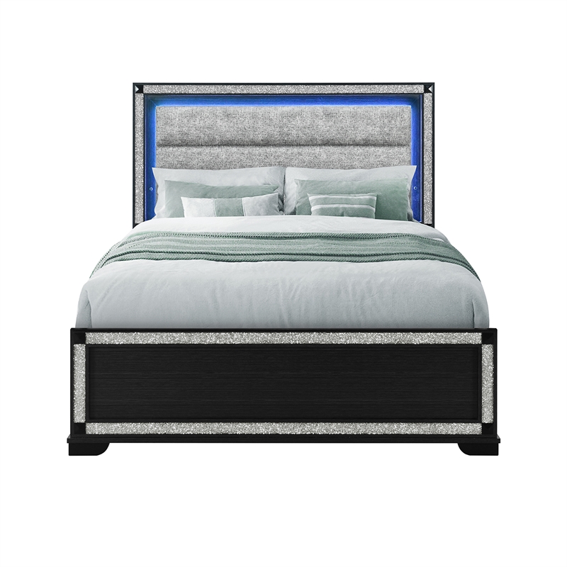 Soleil Charcoal Wood and Upholstered Headboard Queen Bed with LED Light