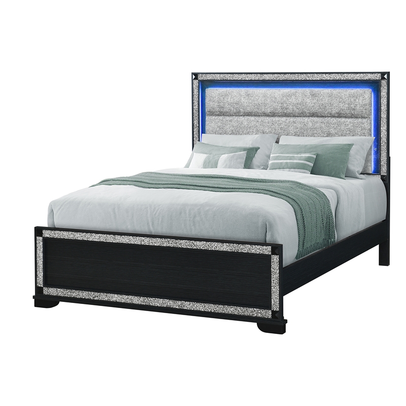 Soleil Charcoal Wood and Upholstered Headboard Queen Bed with LED Light