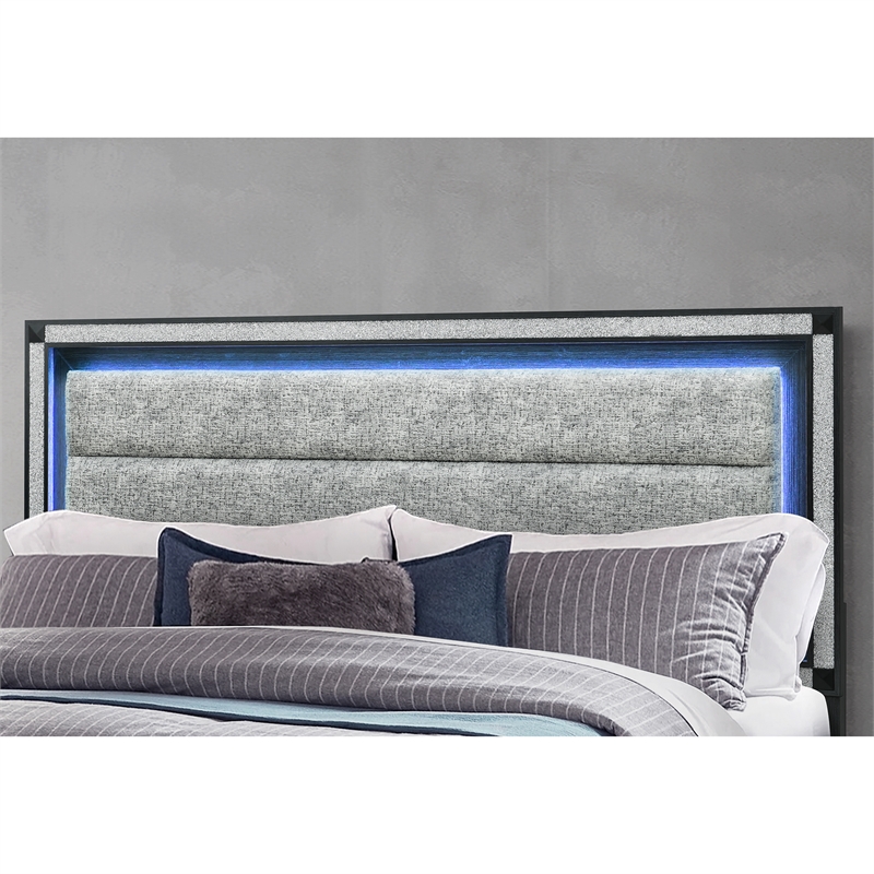 Soleil Charcoal Wood and Upholstered Headboard Queen Bed with LED Light
