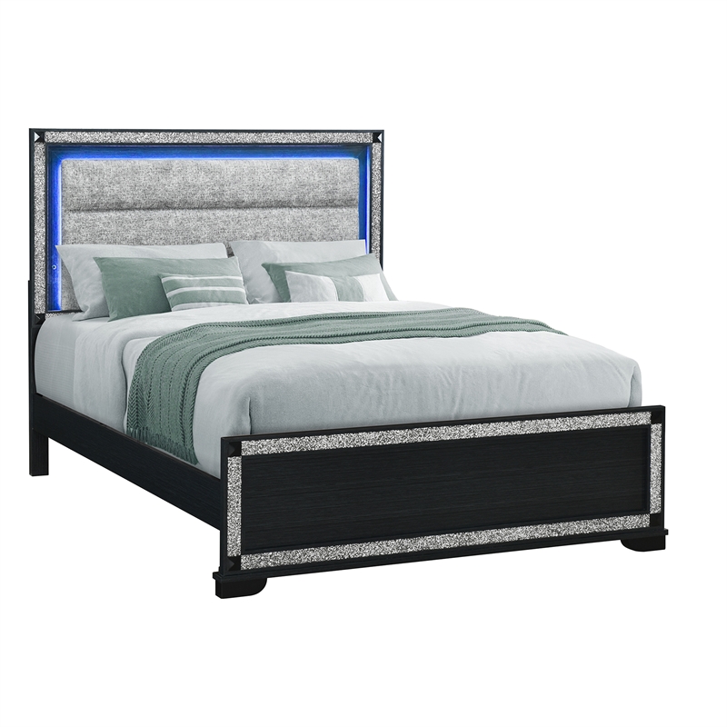 Soleil Charcoal Wood and Upholstered Headboard Queen Bed with LED Light