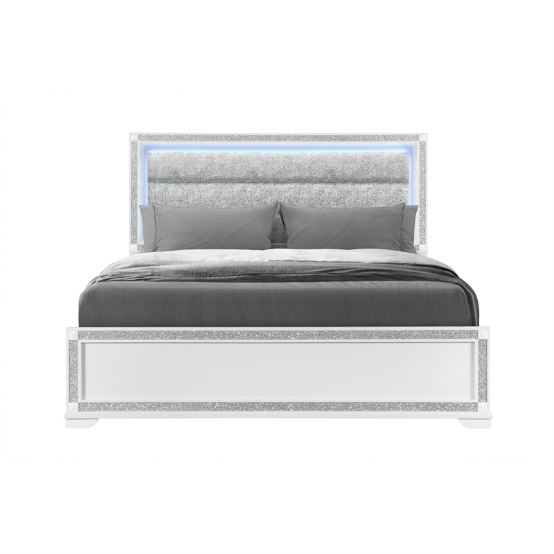 Soleil White Wood and Upholstered Headboard King Bed with LED Light