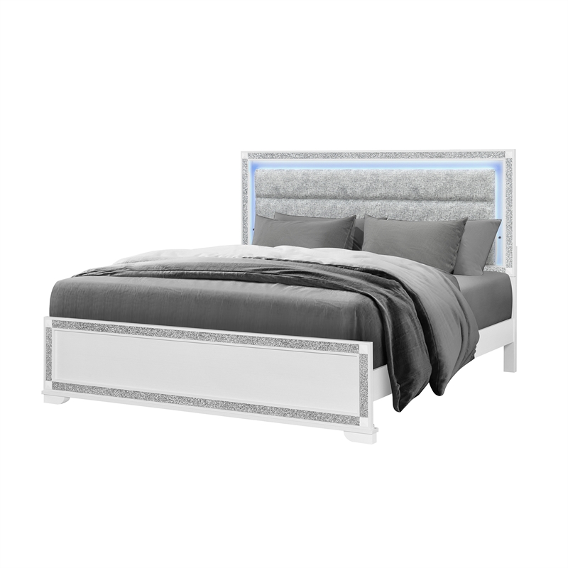 Soleil White Wood and Upholstered Headboard King Bed with LED Light