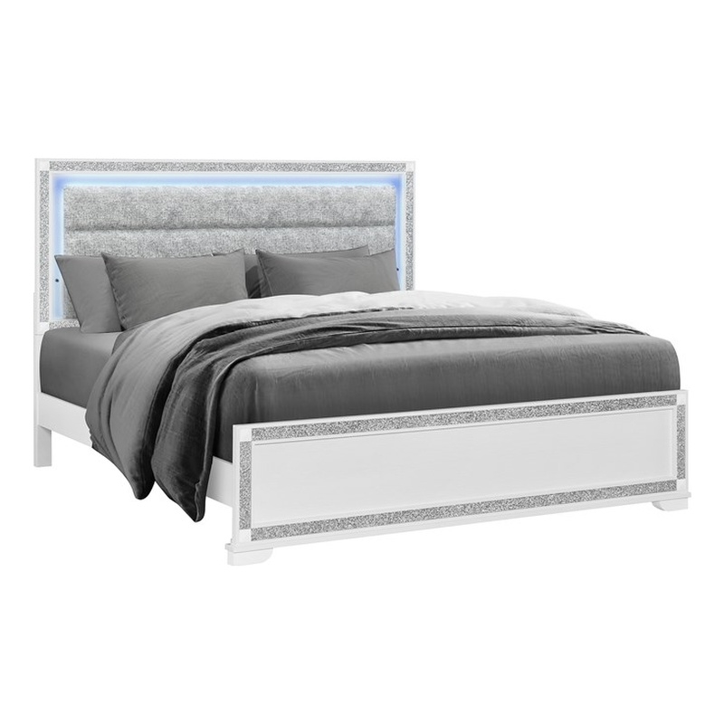Soleil White Wood and Upholstered Headboard King Bed with LED Light