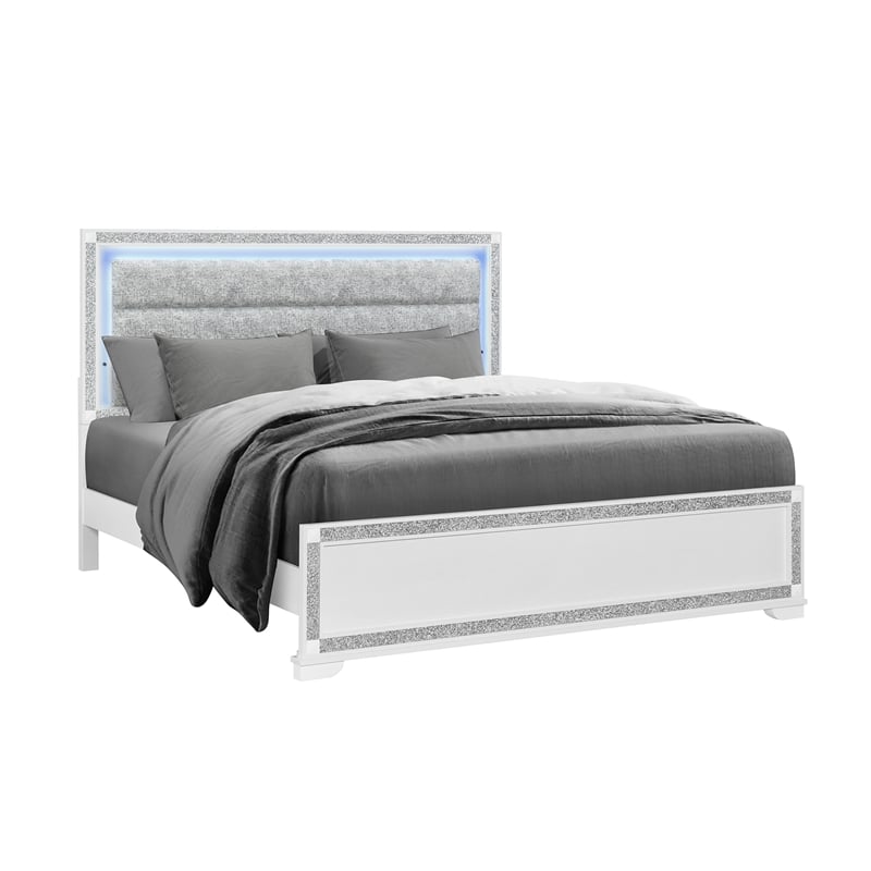 Soleil White Upholstered Headboard 5PC King Bedroom Set with LED Light
