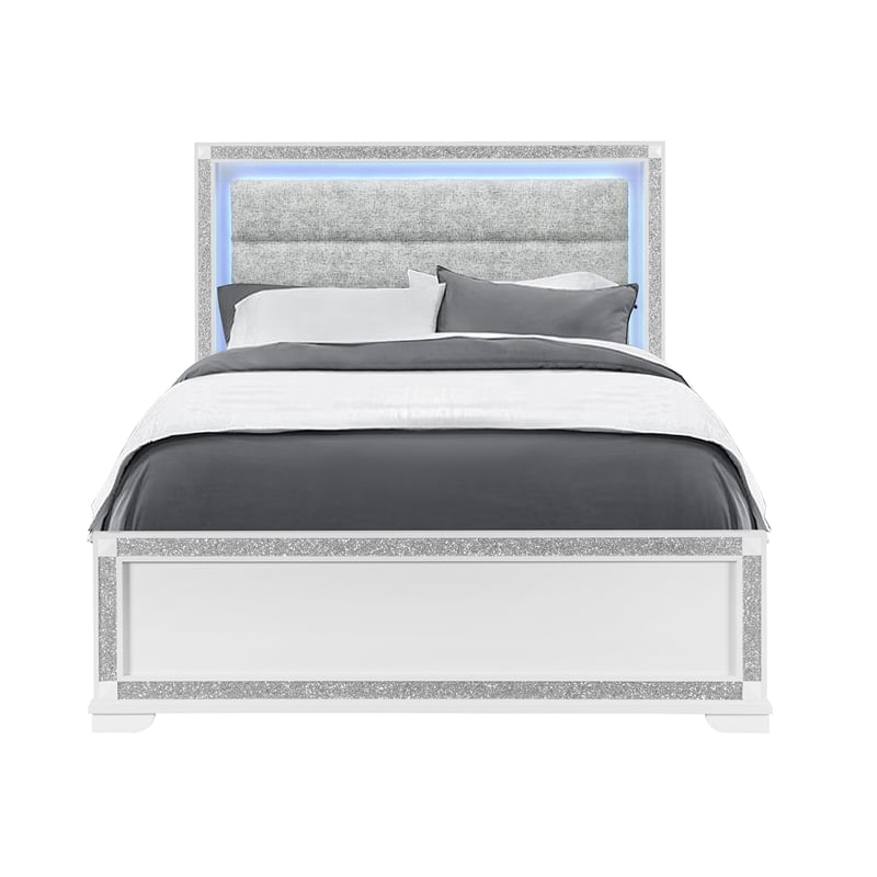 Soleil White Wood and Upholstered Headboard Queen Bed with LED Light