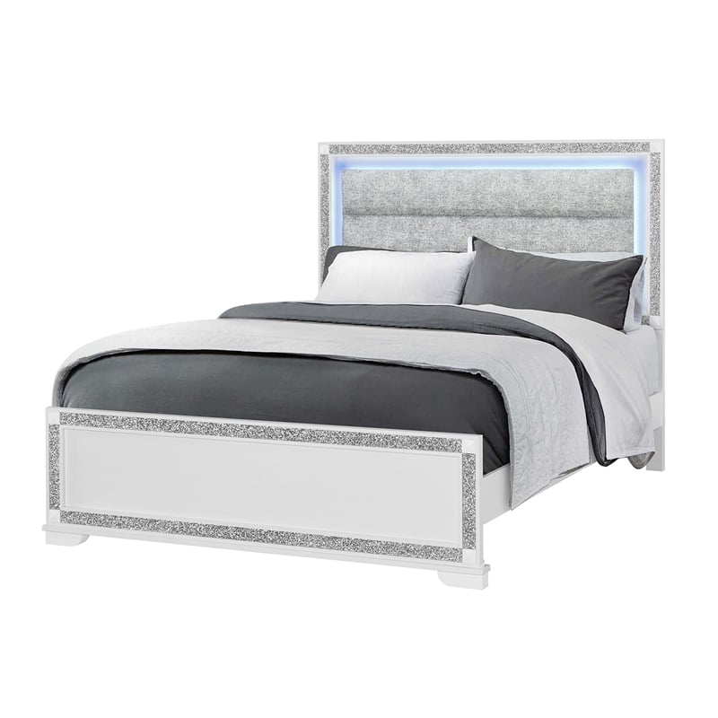 Soleil White Wood and Upholstered Headboard Queen Bed with LED Light