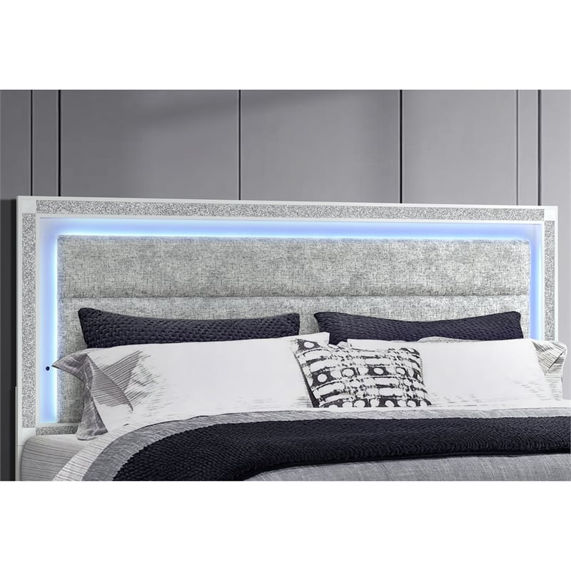 Soleil White Wood and Upholstered Headboard Queen Bed with LED Light