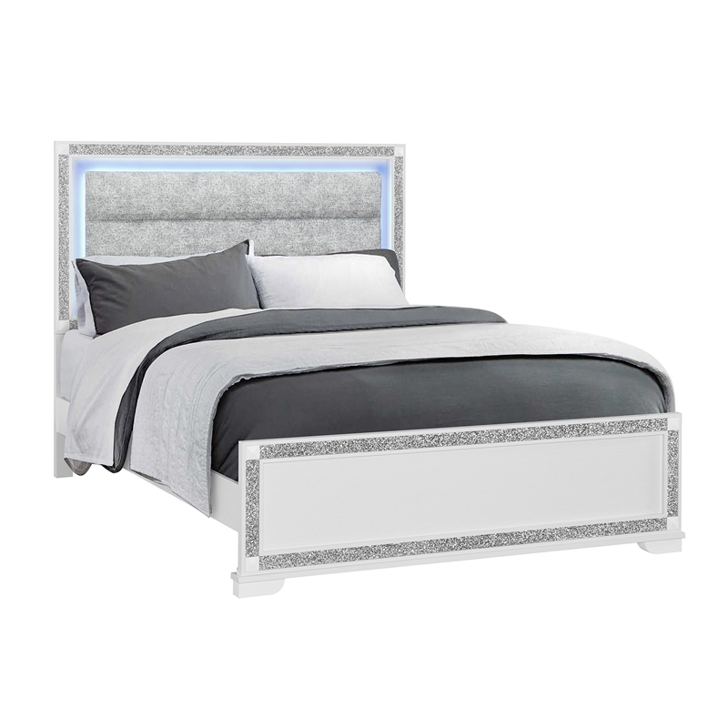 Soleil White Wood and Upholstered Headboard Queen Bed with LED Light