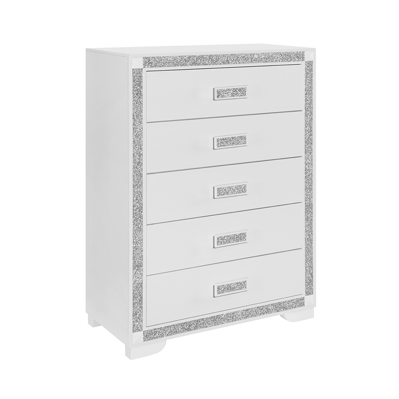 Soleil White Upholstered Headboard 5PC Queen Bedroom Set with LED Light