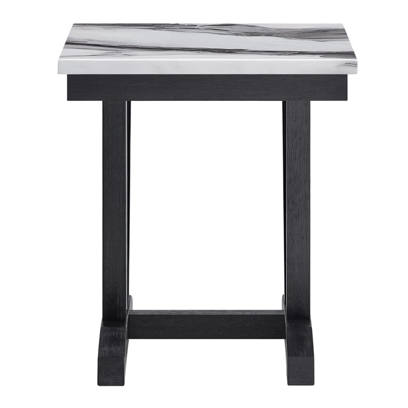 Faux Marble Trestle Base Black and White End Table