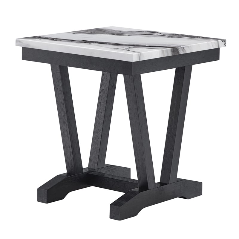 Faux Marble Trestle Base Black and White End Table