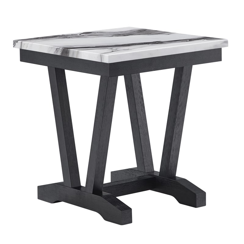 Faux Marble Trestle Base Black and White End Table