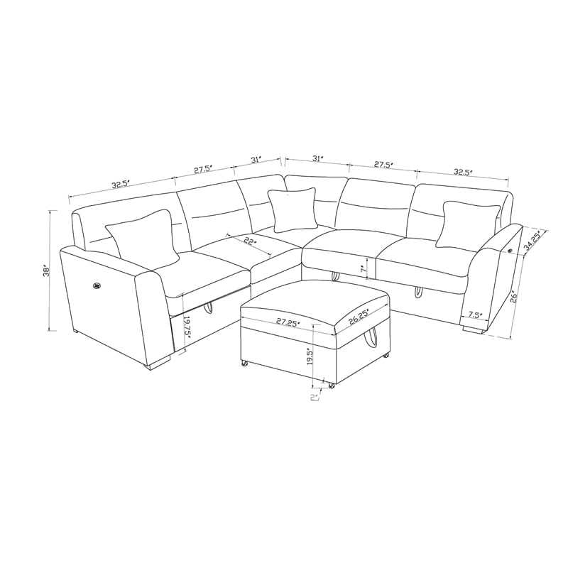 Global Furniure U9401 Sofa Bed Sectional with 3 Pillows in Nickel