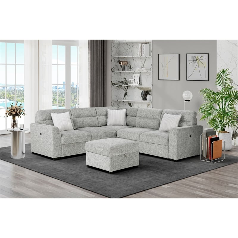 Global Furniure U9401 Sofa Bed Sectional with Ottoman & Pillows in Nickel