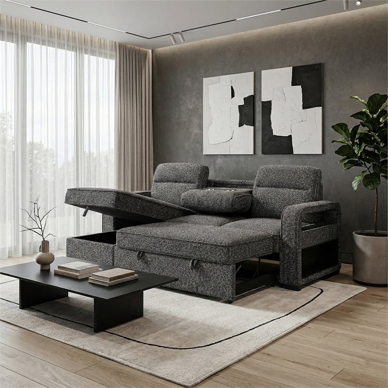 Global Furniture U2601 Convertable Sofa Bed w Drop Table&SPKR in Dark Gray