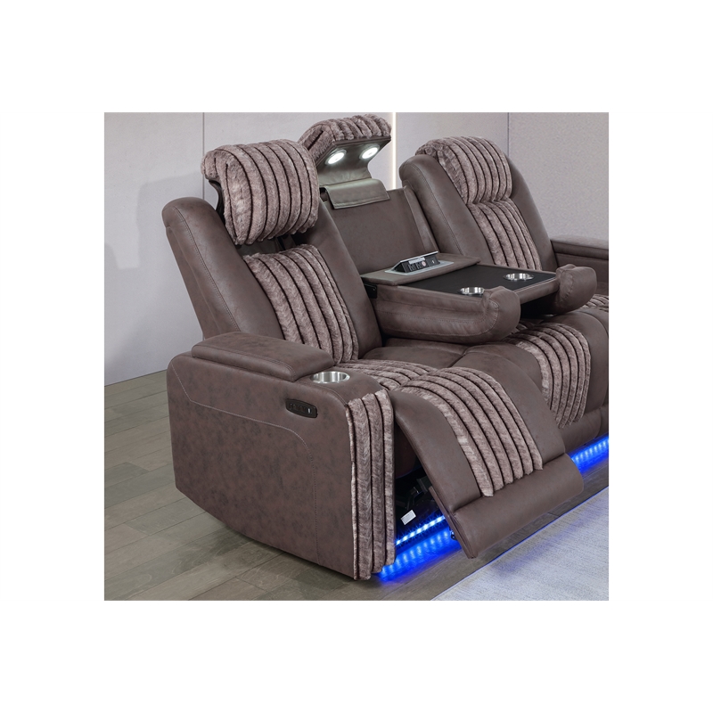 Global Furniure U8000 Power Recliner Sofa W/PHR-DDT-Light & LED in Brown