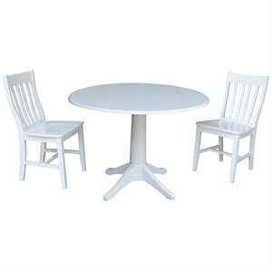 International Concepts 3 Piece Drop Leaf Round Wood Dining Set in White