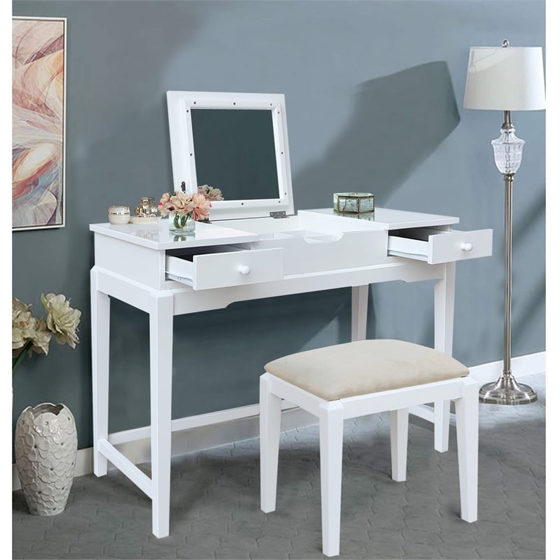 International Concepts Solid Wood Vanity Table With Bench in White