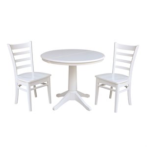 36&quot Round Extension Solid Wood Dining Table With 2 Emily Chairs in White