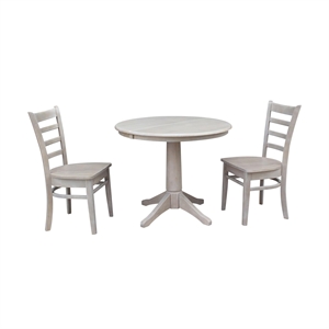36&quot Round Extension Wood Dining Table With 2 Emily Chairsin Washed Gray Taupe