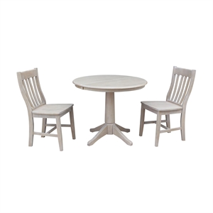 36&quot Round Extension Wood Dining Table With 2 Cafe Chairs in Washed Gray Taupe