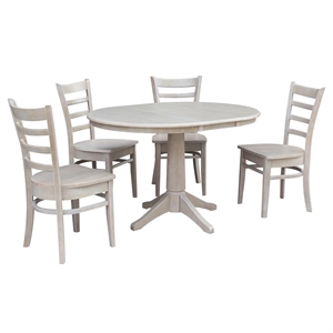 36&quot Round Extension Wood Dining Table With 4 Emily Chairs in Washed Gray Taupe