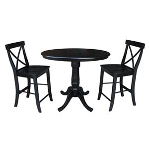 36&quot Round Extension Dining Table 35.3&quotH With 2 X-Back Counter height Stools