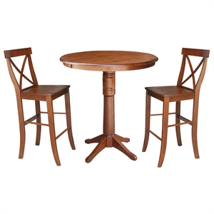 36&quot Round Extension Dining Table 40.9&quotH With 2 X-Back Bar height Stools