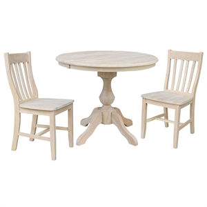 36&quot Round Extension Wood Dining Table With 2 Cafe Chairs in Unfinished
