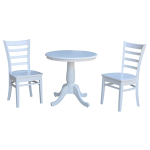 30&quot Round Top Pedestal Wood Table with 2 Dining Chairs in White