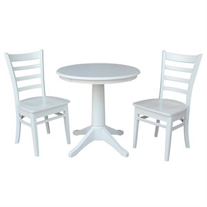 30&quot Round Top Pedestal Solid Wood Table With 2 Emily Chairs in White