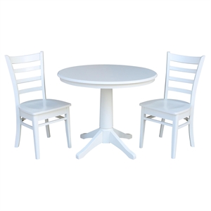 36&quot Round Top Pedestal Solid Wood Table With 2 Emily Chairs in White