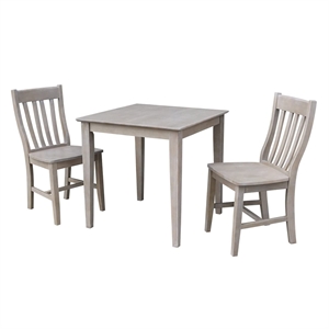 30x30 Solid Wood Dining Table With 2 Cafe Chairs in Washed Gray Taupe