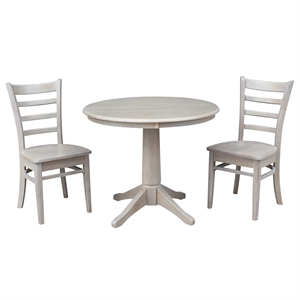 36&quot Round Top Pedestal Wood Table With 2 Emily Chairs in Washed Gray Taupe